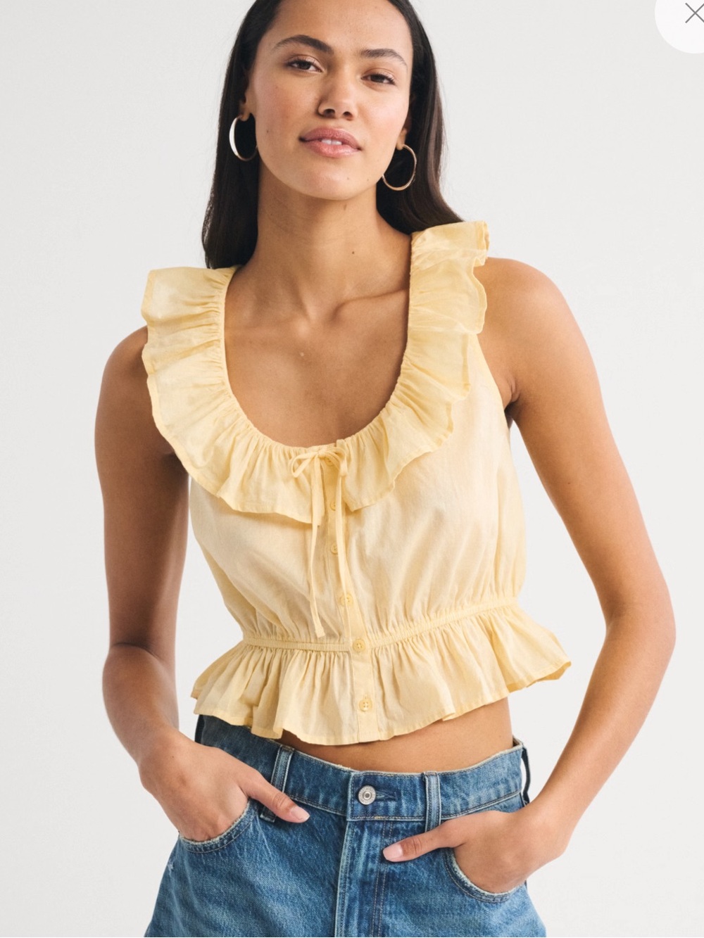 Abercrombie & Fitch Pale Yellow Ruffled Tie-Front Crop Top